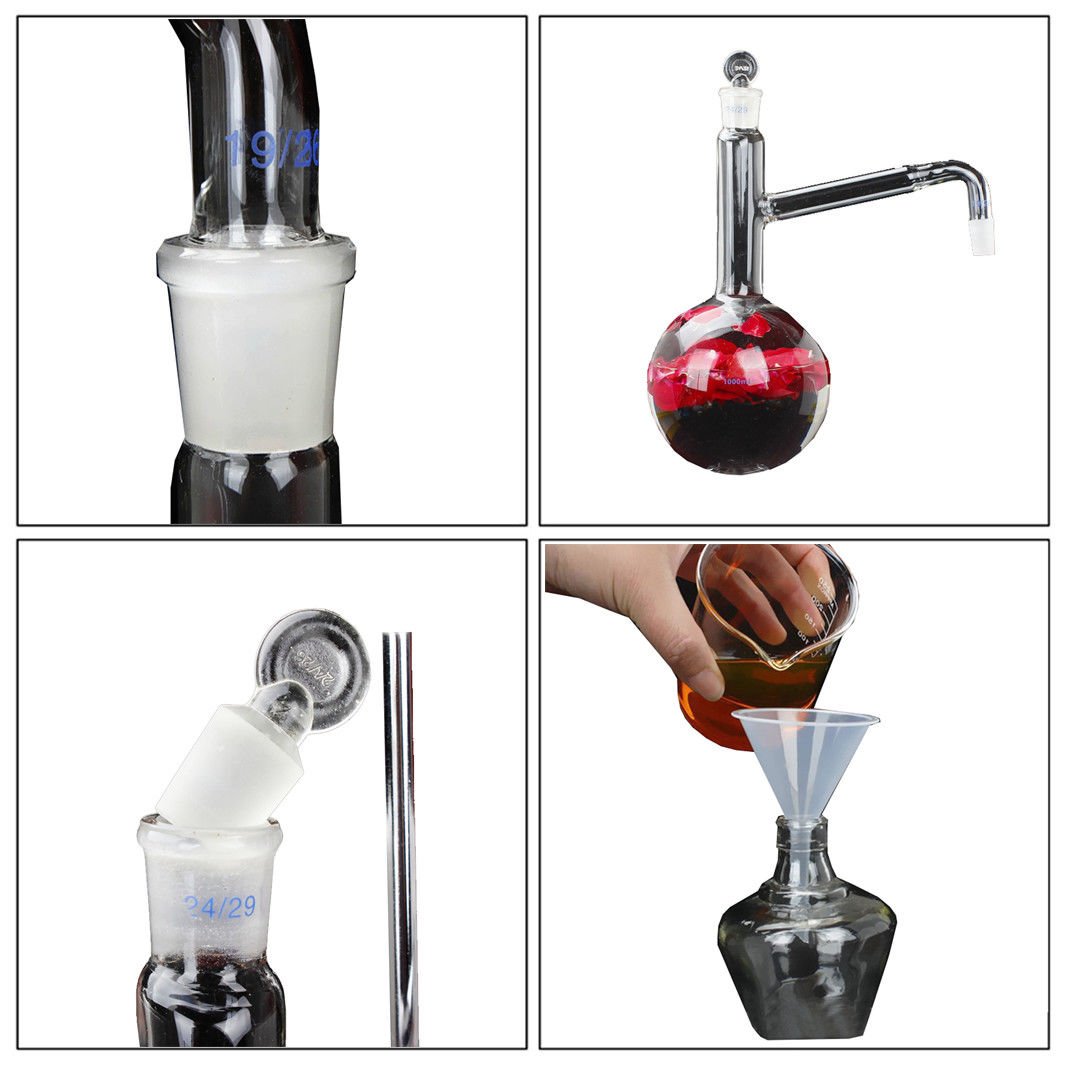 New 1000ml Lab Essential Oil Distillation Apparatus Water Distiller Purifier Glassware Kits w/Separatory Funnel Condenser Pipe: Industrial & Scientific