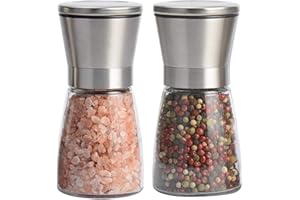 Salt and Pepper Grinder Set, Kitchen Utensils, Manual Seasoning Shakers with Adjustable Coarse, Clear Glass Body, Refillable 
