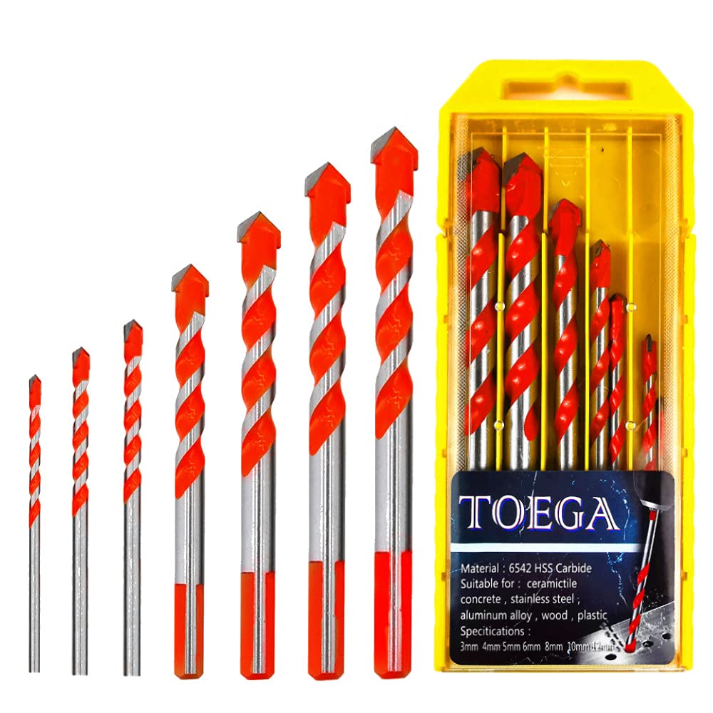 TOEGA 7Pcs Ultimate Drill bits，Carbide Drill bit Set, Masonry bit bit with Tungsten Carbide Drill bit, Drilling and Punching Work kit for Ceramic Tile, Concrete, Brick, Glass, Plastic and Wood