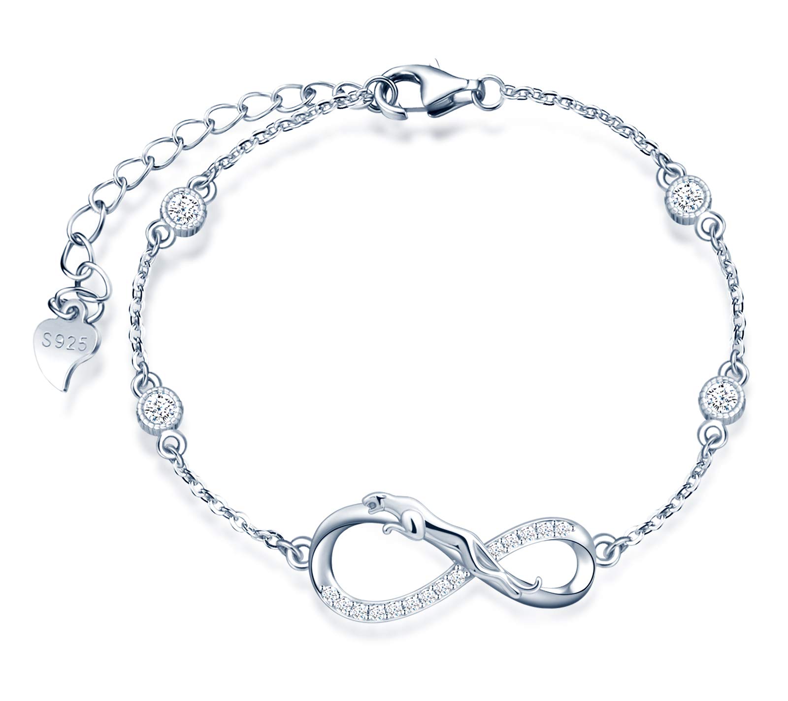 INFINIONLY Women's Girl's 925 sterling silver Bracelet, Cheetah and infinity symbol bracelet, Inlaid zircon, silver, animal jewelry-sets