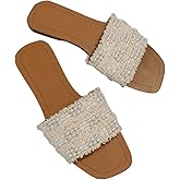 GORGLITTER Women's Summer Beach Flat Cute Sandals 2025 Color Block Faux Pearls Decor Leather Flat Slides