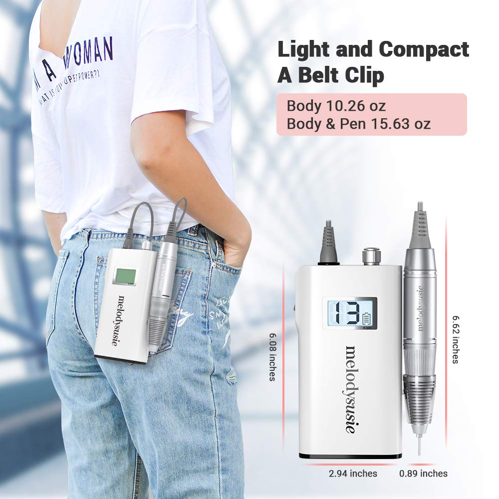 MelodySusie Professional Rechargeable 30000 rpm Nail Drill, Portable E-File with Long Life Battery, Electric Tool for Acrylic Nail Natural Extension Poly Nail Gel, High Speed, Low Heat, White: Beauty