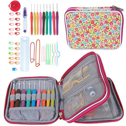 Teamoy Ergonomic Crochet Hooks Set, Knitting Needle Kit, Zipper Organizer Case With 9pcs 2mm to 6mm Soft Grip Crochets and Complete Accessories, Small Volume and Convenient to Carry, Flowers Pink
