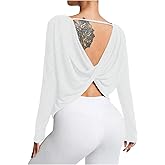 OYOANGLE Women's Twist Backless Athletic Shirts Long Sleeve Crew Neck Gym Workout Shirt Yoga Pilates Tops