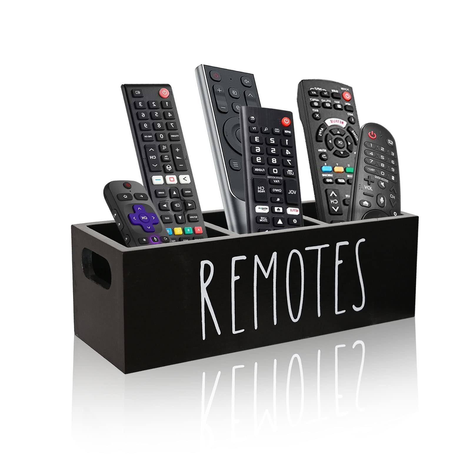 Photo 1 of Remote Control Holder, Farmhouse Remote Storage Caddy, Bedside TV Controller Box, Rustic Wood Media Organizer Tray for Home Bedroom Table (Black)