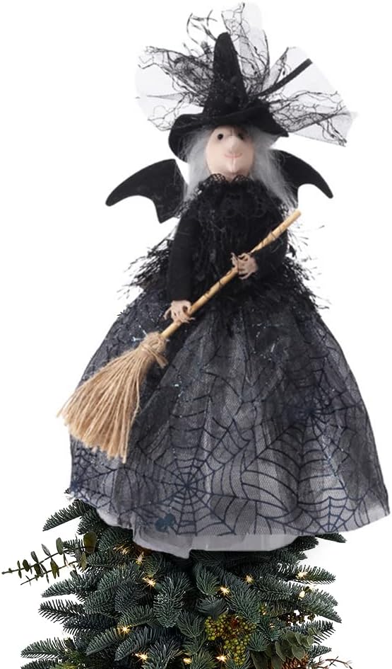 Tree Toppers - Halloween Witch Tree Topper Decoration, Crashing Witch into Tree Halloween Decoration, Black Witch with Spider Web Dress, Bat Wings, Witch Hat and Witch Broom Halloween Ornament for Home Decor 11Inch