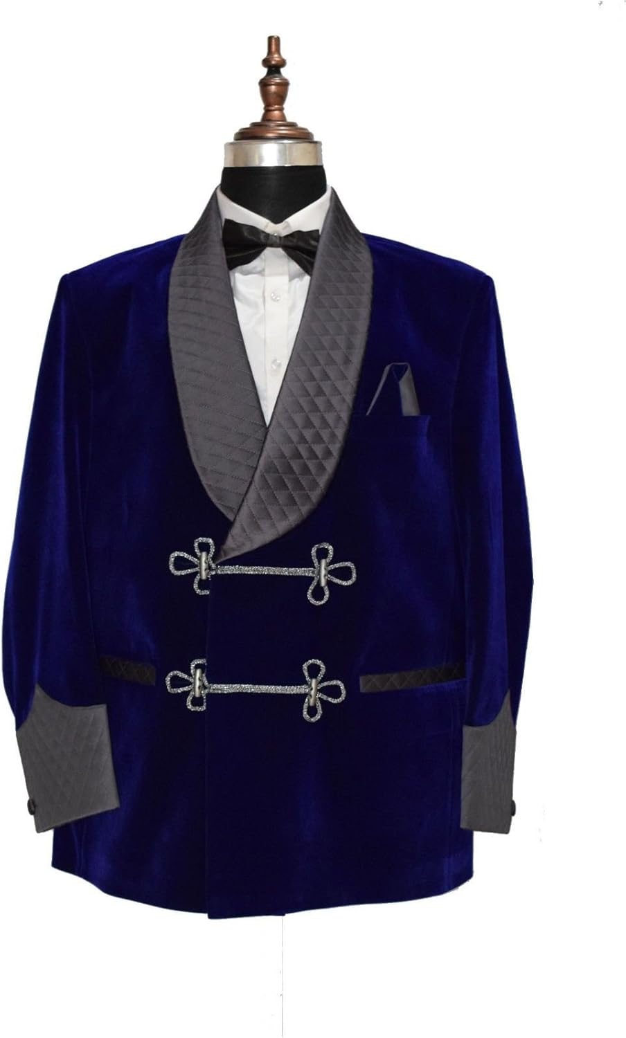 Mens Blue Velvet Quilted Lapel Cuff Smoking Jackets Christmas Evening