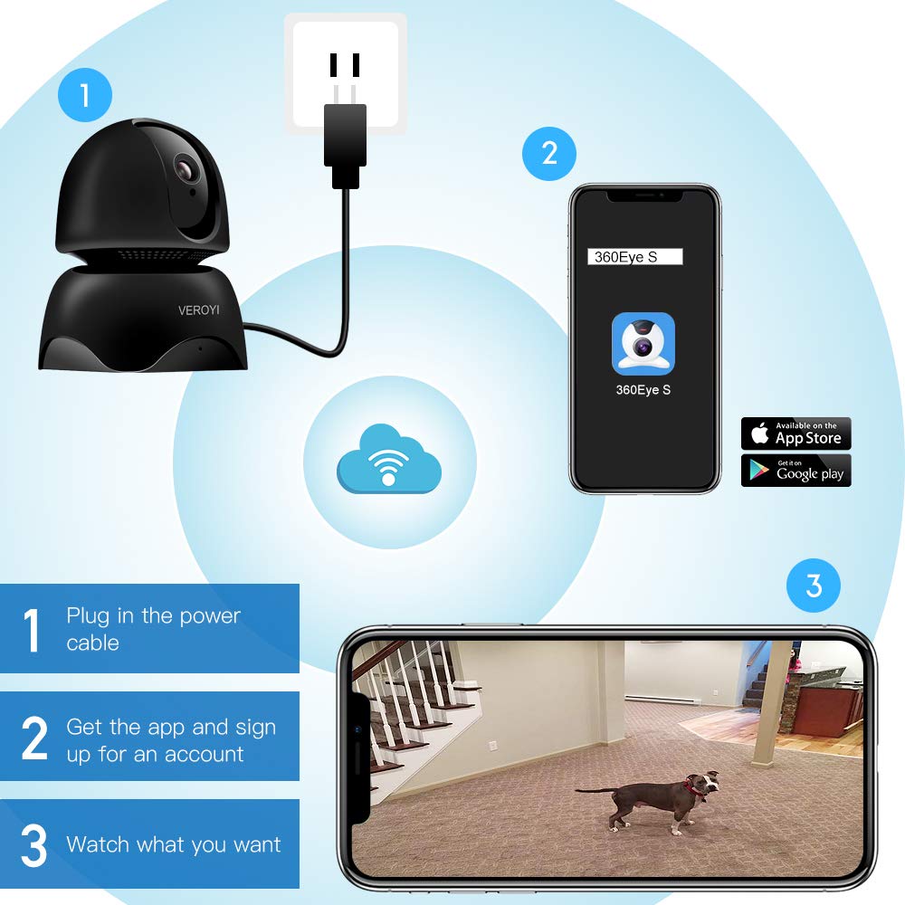 Veroyi Home Security Camera WiFi, 1080P Full HD Wireless IP Panoramic Surveillance Camera with Two-Way Audio,Motion Detection Night Vision for Baby Elder Pet Monitor