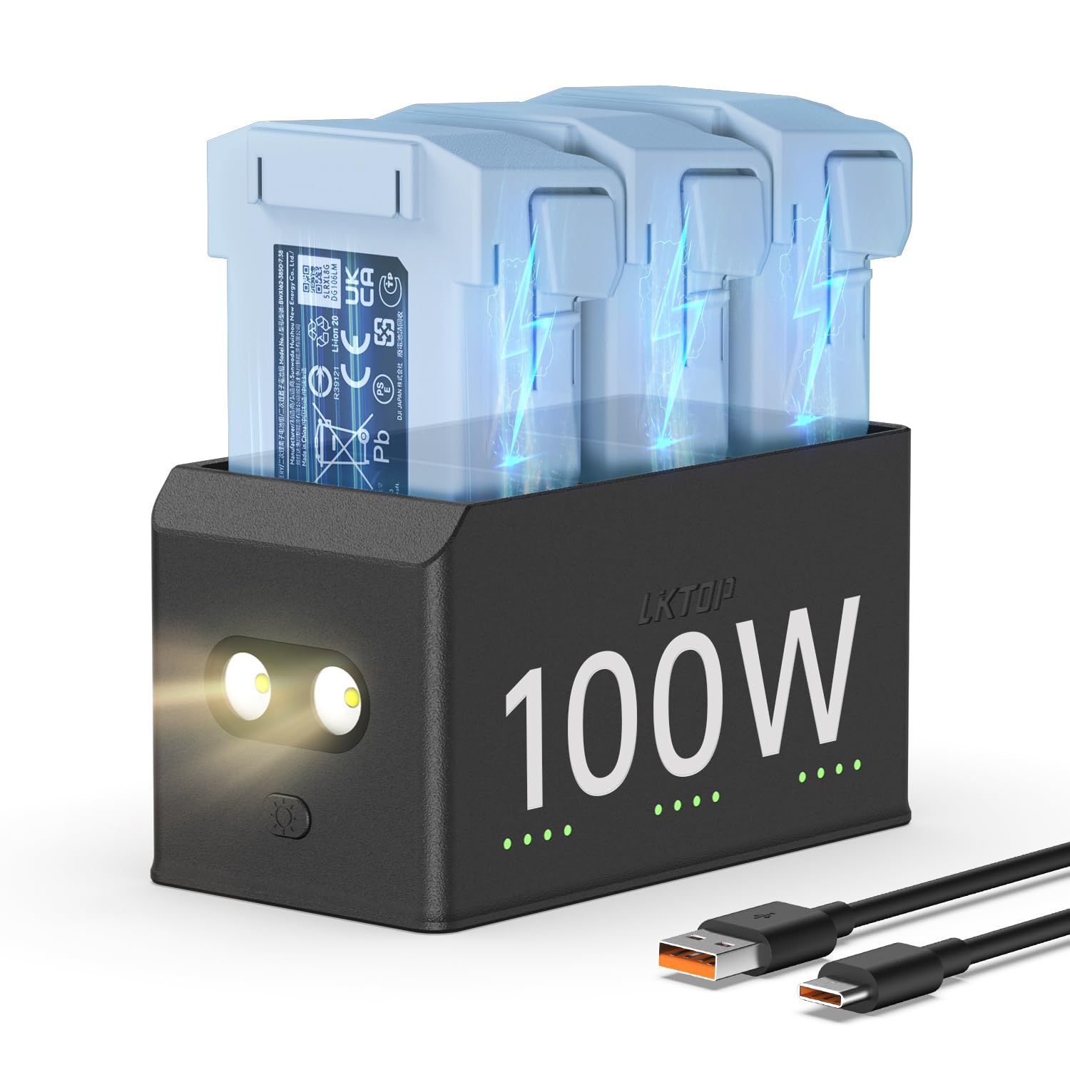 LKTOP 100W Mini 5/4/3 Pro 𝗣𝗮𝗿𝗮𝗹𝗹𝗲𝗹 Charging Hub (𝟰𝗫 Super Fast) for DJI Mini 5/4/3 Series, SKYROVER X1 Drone Battery Charger, with Storage LED Alarm Mode (Charge 3 Batteries: 47/70 min)