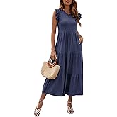 Mieazom Women's Summer Sleeveless Maxi Dress Ruffle Sleeve Crewneck Tiered Flowy Pleated Casual A Line Sundress with Pockets