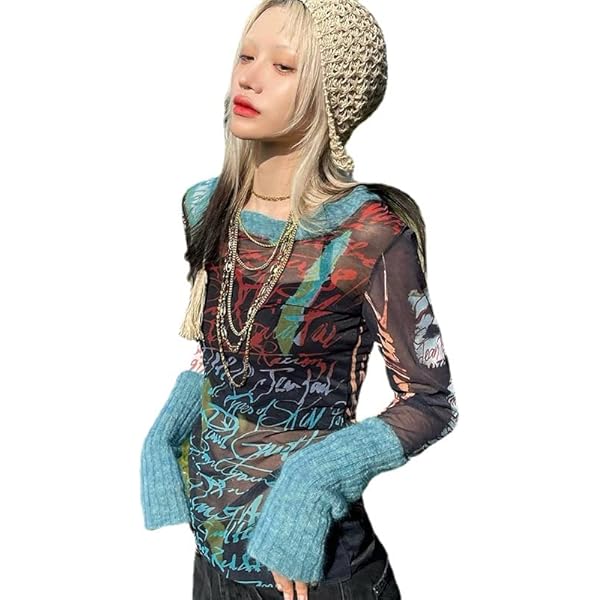Caviotess Women's Y2K Sexy Mesh See Through T Shirt Goth