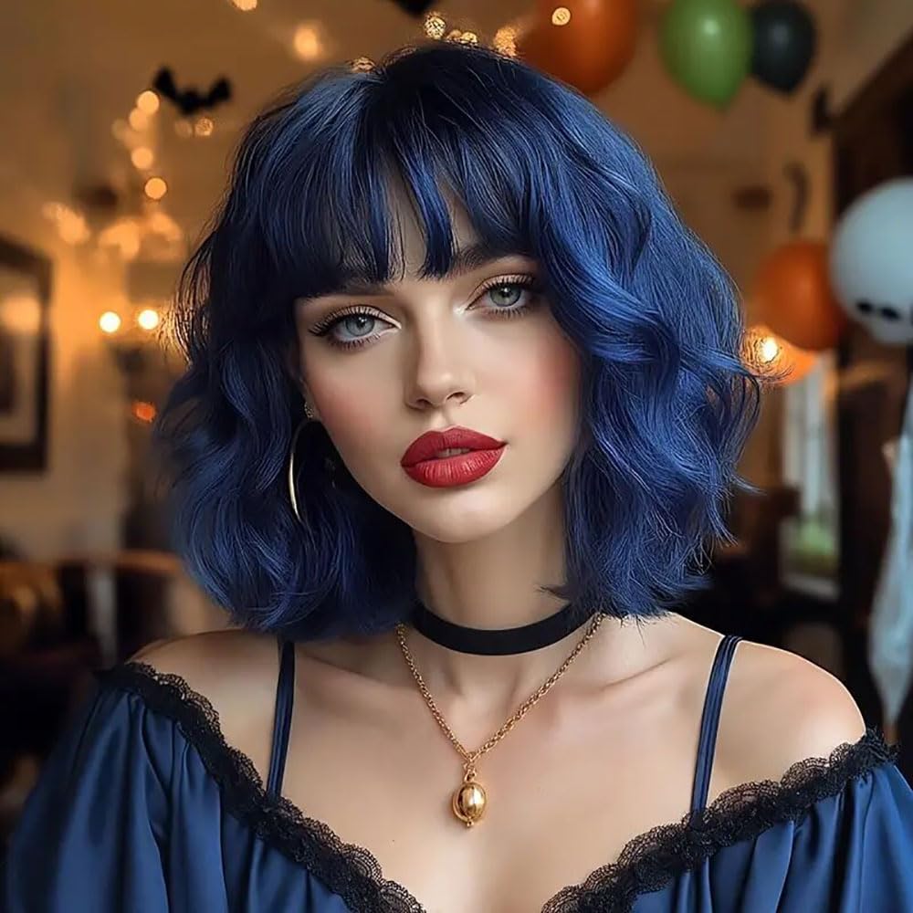 ISAMY Short Bob Wigs With Air Bangs Shoulder Length Women's Wig Bob Curly Wavy Synthetic Cosplay Wig for Girls Daily Use Colorful Wigs (Blue)