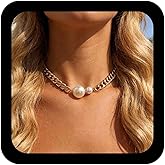 Andelaisi Boho Pearl Cuba Chain Necklace Vintage Oversized Pearl Choker Necklace Gold Pearls Chunky Chain Necklace Baroque Pearls Necklace Jewelry For Women