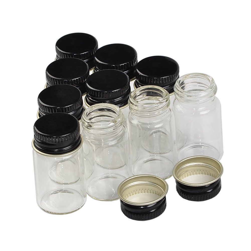 Jarvials Produced 24 Sets of Transparent Glass Bottles with Aluminum Caps, Black Color Caps. (10ml, Black)