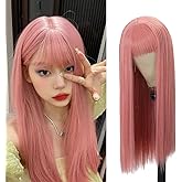 Amarlis Long Pink Wigs for Women, 24 Inch Pink Wig with Bangs Natural Silky Soft Synthetic Heat Resistant Fiber Wigs Hair for Daily Party Use