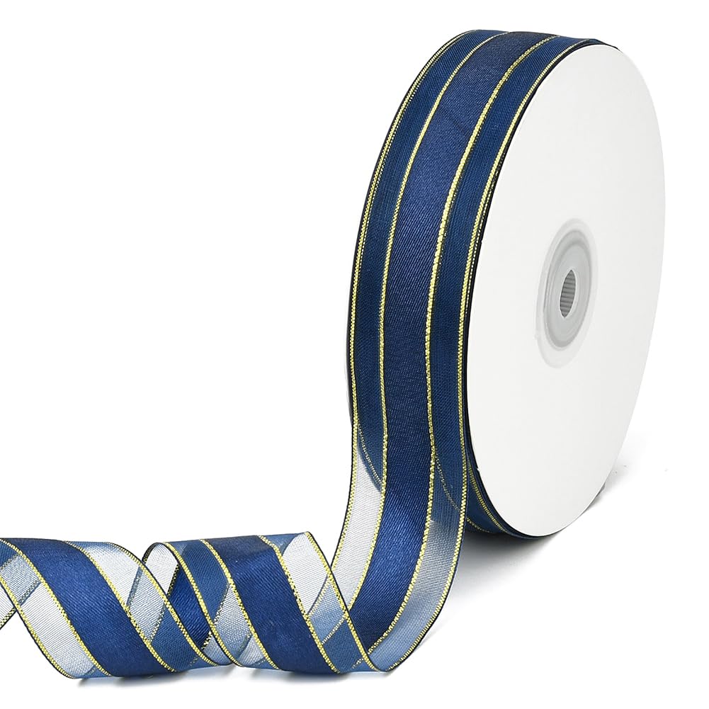 CABODYALS 45.72M 25mm Navy Blue Organza Ribbon With Gold Edge Trim Sheer Transparent Clear Fabric Soft Smooth Mesh Voile Shimmer Spool Ribbons for Gift Wrapping Bouquet Hair Braiding Wedding Decor Diy