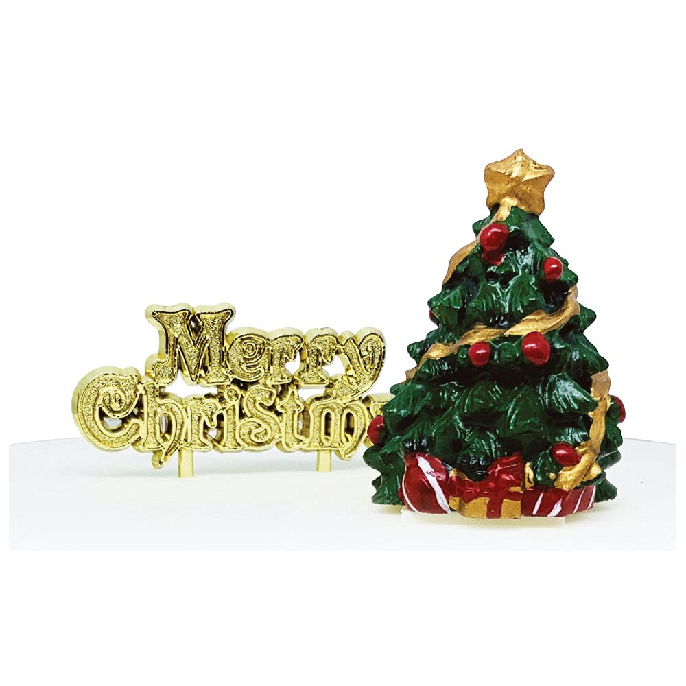 Anniversary House 2pcs Christmas Tree Resin Cake Topper & Gold Merry Christmas Motto Luxury Boxed Xmas Cake Decorations, Cake Toppers, Yule Log Decoration, Traditional Non-Edible Decorations, BX219 UK