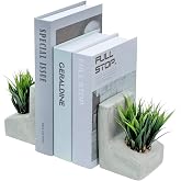 MyGift Decorative Bookends, Heavy Duty Book Ends with Artificial Green Grass Plants, Book Stands for Office Desktop, Bookshelf, Modern Gray Concrete L-Shaped