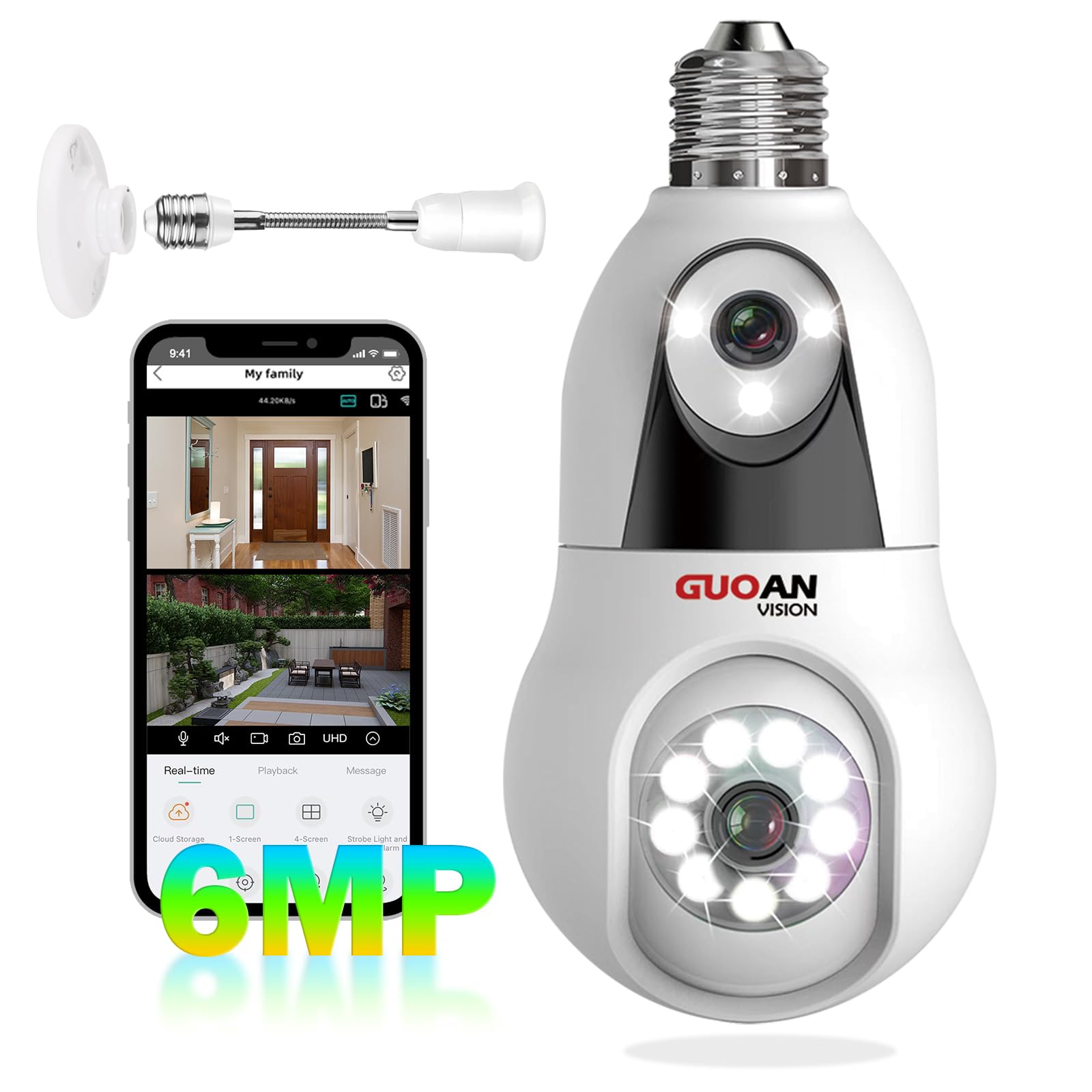 Photo 1 of GUOANVISION Light Bulb Security Camera, ?6MP Dual Lens Linkage? 2.4GHz Light Socket Wireless Camera Indoor, Screw in Bulb Camera, 360°View, Color Night, AI Tracking, Audible Alarm, SD/Cloud