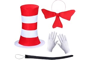 Keymall Accessories for Cat Costume Kit Kids Red And White Striped Stovepipe Hat Gloves Bow Tie Long Tail For Halloween Props