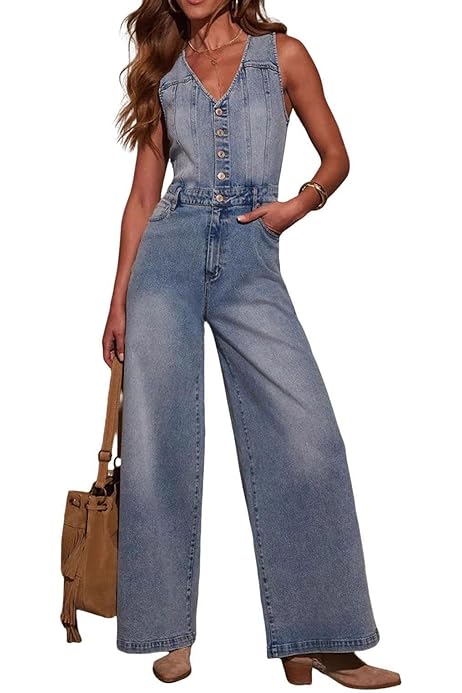 Women Denim Long Jumpsuit Casual Spaghetti Strap Wide Leg Romper