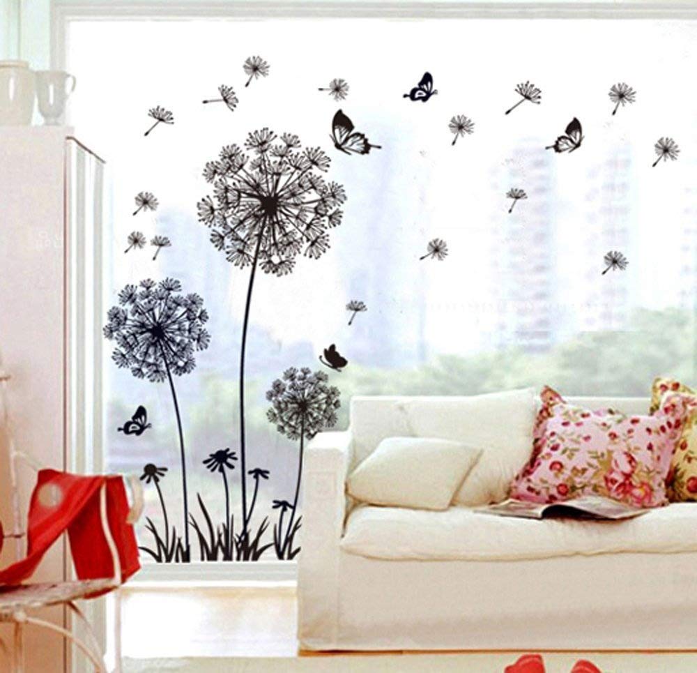 ufengke® Black Dandelions and Butterflies Flying In The Wind Wall Decals, Living Room Bedroom Removable Wall Stickers Murals