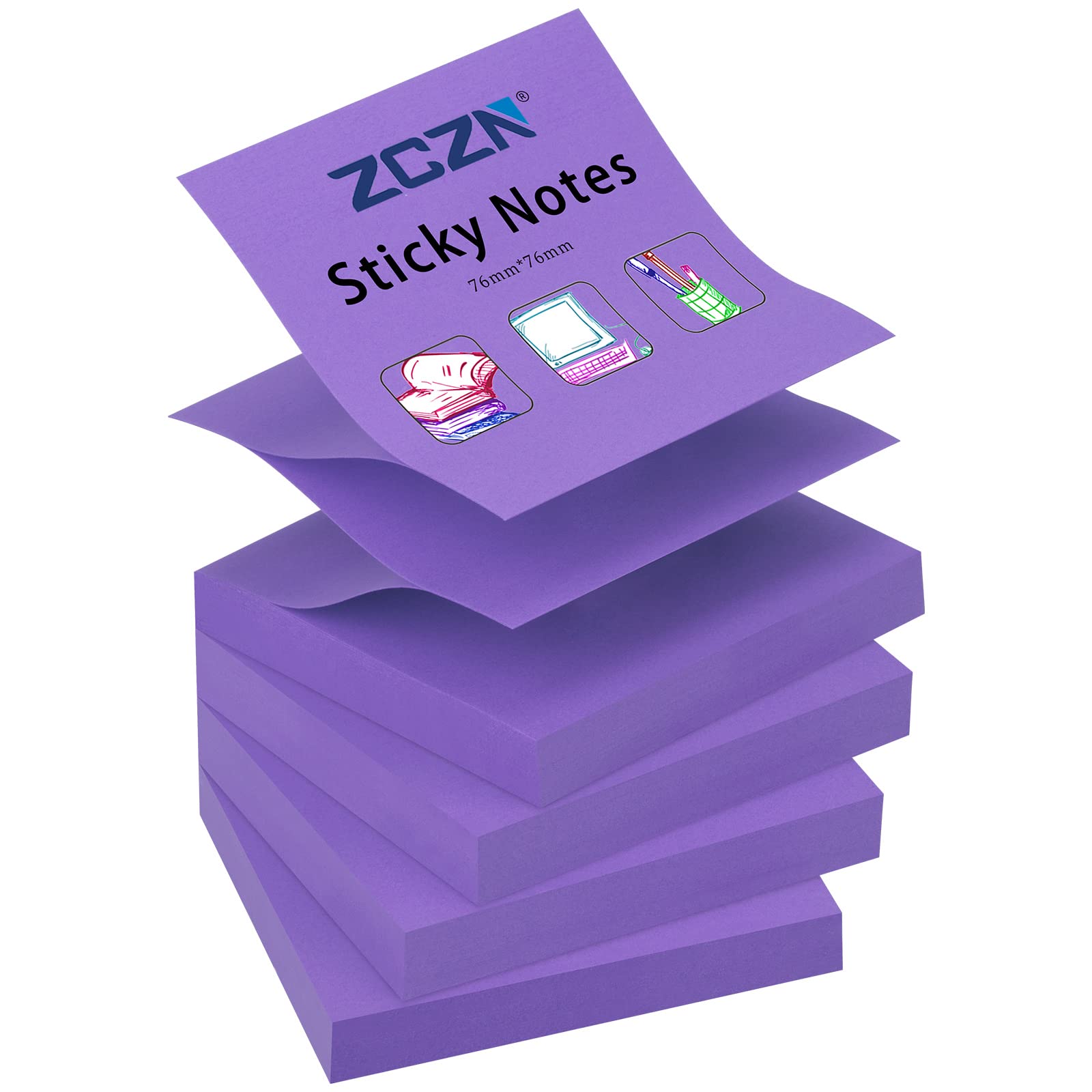 ZCZN Pop-up Sticky Notes 76 x 76 mm, 4 Pads Bright Colour Self-Stick Notes, 100 Sheets/Pad, Purple