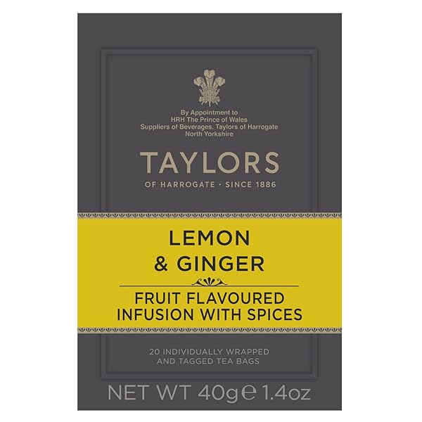 TAYLORS OF HARROGATE LEMON & GINGER, HERBAL TEA, INDIVIDUALLY WRAPPED BAGS, 20 COUNT (PACK OF 1), CLEANSING, INVIGORATING AND CITRUSSY, CAFFEINE-FREE, ENJOY HOT OR ICED, 20 TEABAGS