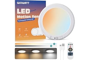 wowatt Battery Operated Ceiling Light Rechargeable Ceiling Lights with Remote Wireless Shower Lighting 3000K 4500K 6500K 7.48in Dimmable Timing Overhead Light for Closet Shower Living Room