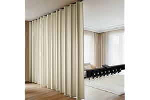 DOEIEZ Room Divider Blackout Curtains Flexible Sliding Tracks Sets Ceiling Mounted Rod Window Curtain Privacy Separation for Bedroom Living Rooms,1 Panel Beige Drape and Black Track Set-W144xH84 in