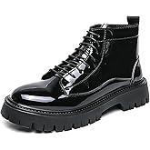 BANGTEUO Black Short Boots For Men Platform Patent Leather Side-Zip Combat Ankle Boots Comfy Lace-Up Round Toe Non-Slip Army Uniform Short Boots