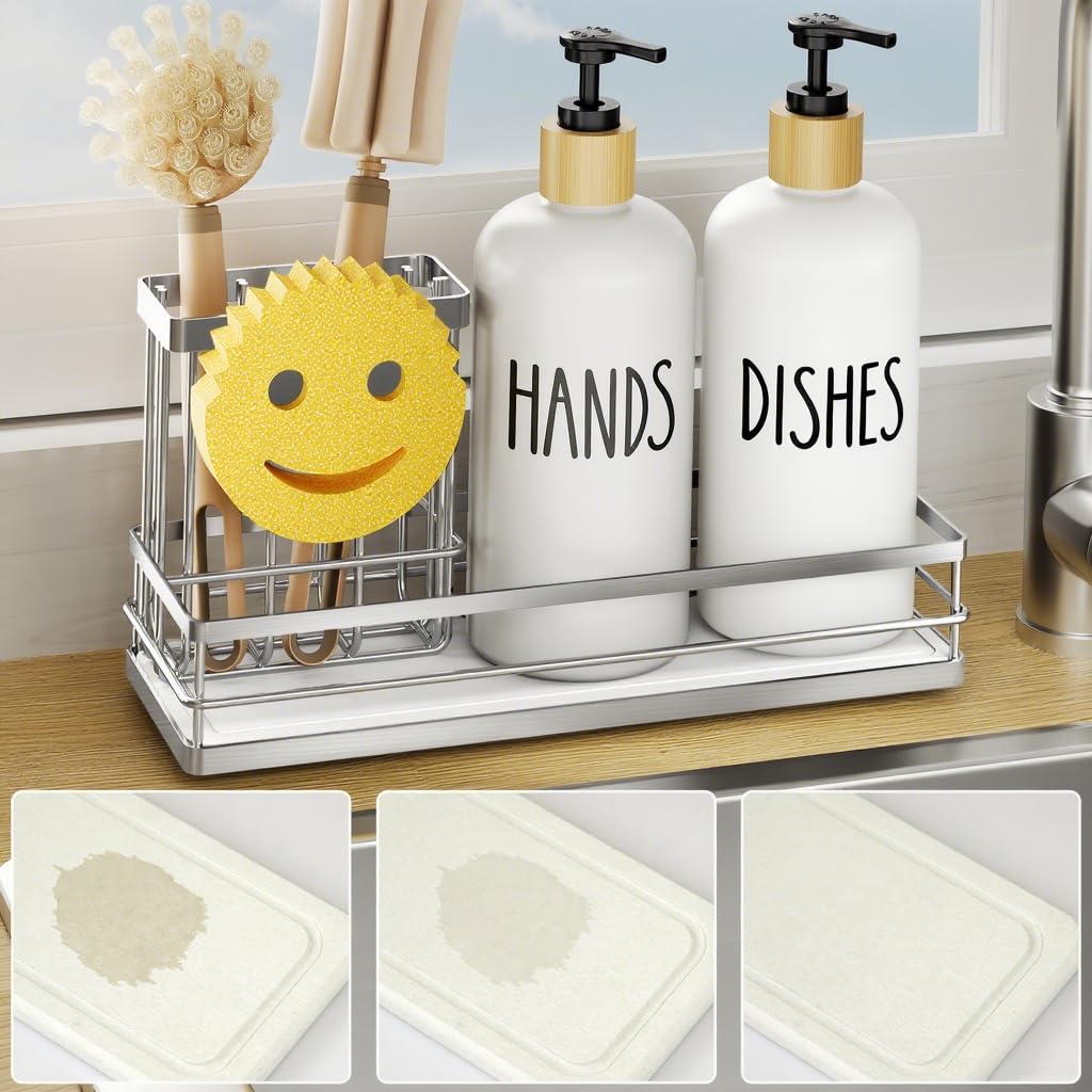 Photo 1 of Moforoco Kitchen Dish Soap Dispenser Set, 16OZ Glass Bottle, Hand and Dish Soap Dispenser Set, Instant Dry Tray, Non-Slip Silicone Pad, Brush Holder with Sponge Holder, Kitchen Decor?White Bottle?