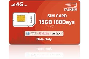 TALKSIM Data SIM Card 15GB 180Days Support AT&T, Verizon and T-Mobile, 4G LTE Prepaid USA SIM Compatible with Unlocked Security Camera/Mobile WiFi Hotspot/Tablet/Router iot Devices