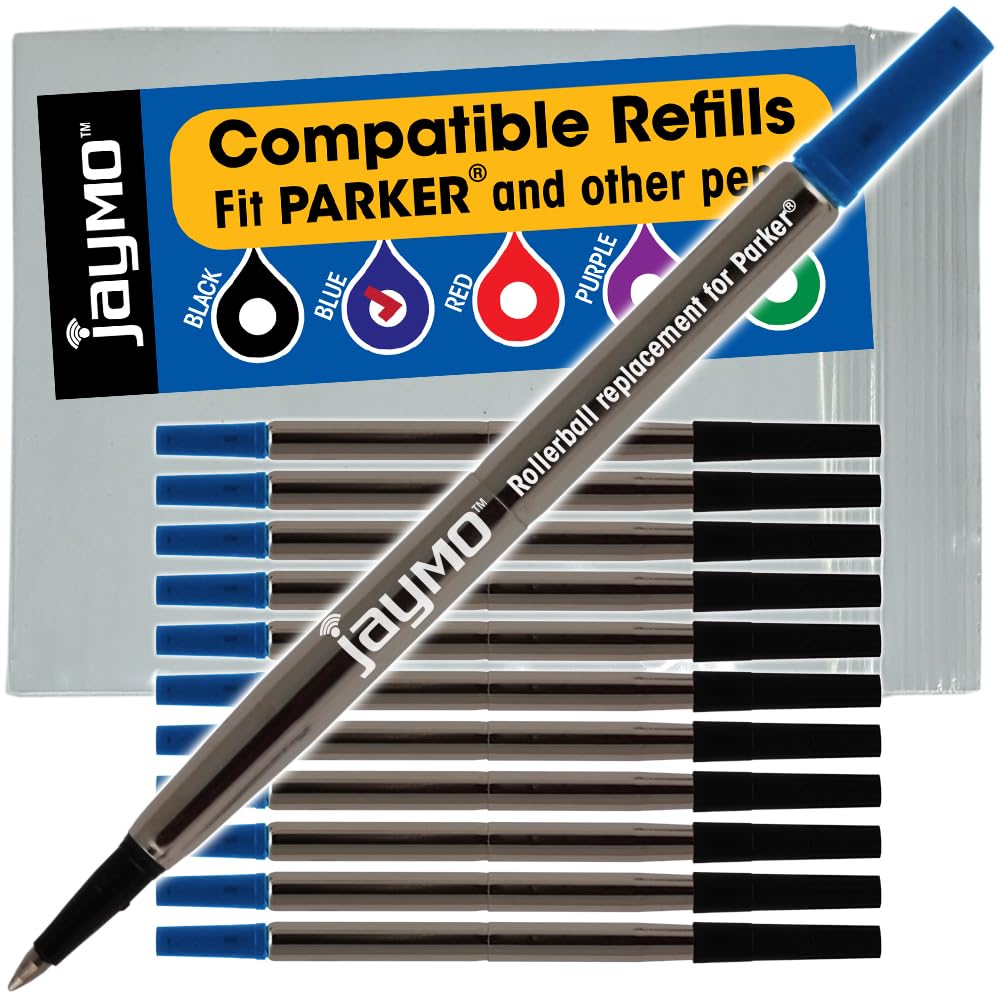 Jaymo Replacement for Parker Quink 1950324 - Measures 4.56 in / 116 mm Long - Rollerball Pen Refill - 12 Blue