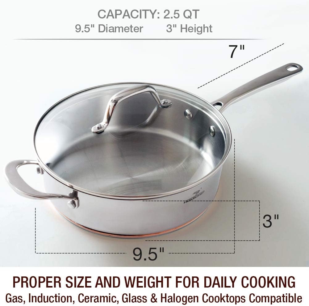 HOMICHEF 9.5 Inch Nickel Free Stainless Steel Saute Pan With Lid Induction Oven Safe - Premium Mirror Polished Copper Band Stainless Steel Pan With Glass Lid - 2.5 Quart Non Toxic Cookware Pans: Kitchen & Dining