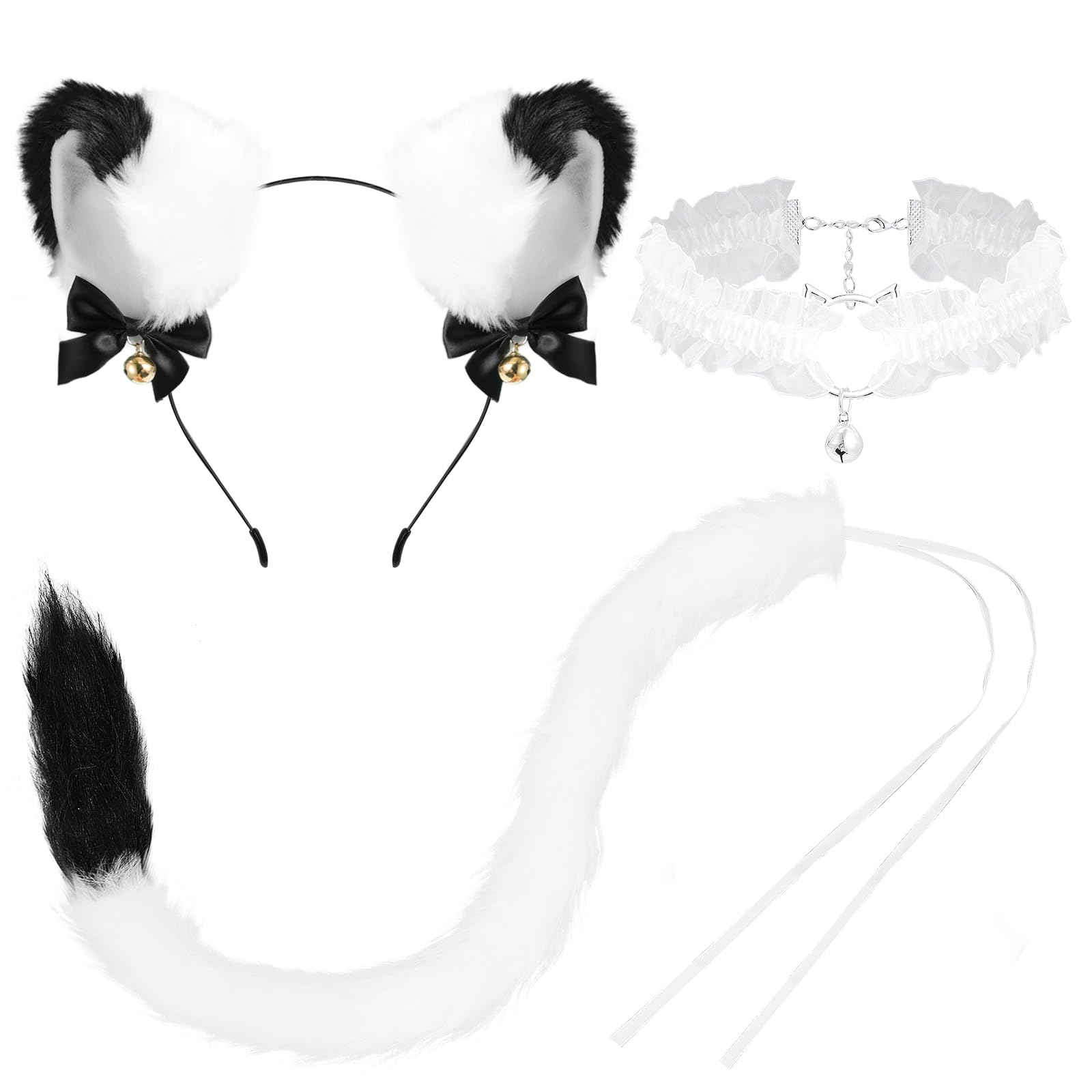 XEPST Women's White Cat Ears and Tail Costume Accessories Kit with Headband, Choker, Tail for Cosplay, Halloween, Themed Parties
