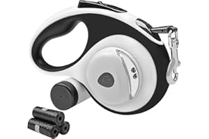 Huhaneon Retractable Dog Leash with Light - 16Ft Leashes with Poop Bag & Holder, One Button Break & Lock, 360°Tangle Free, Anti Slip Grip, White