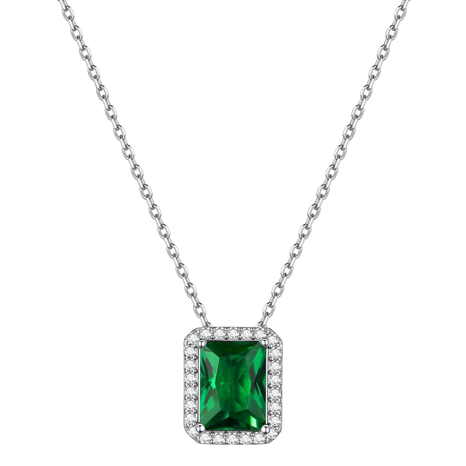 ChicSilver May Birthstone Necklace for Women 925 Sterling Silver Simulated Emerald Square Pendant with Rolo Chain
