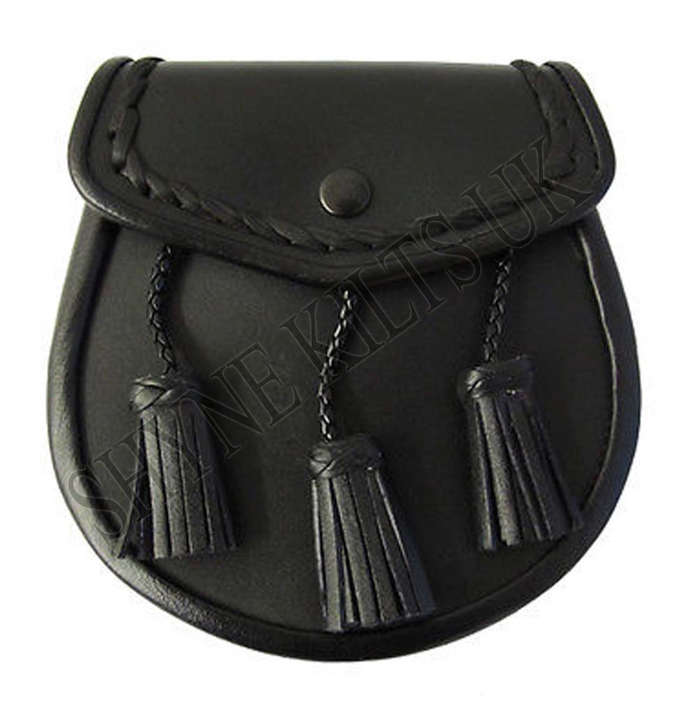SHYNE KILTS U.K Scottish Black Leather Kilt Sporran With Tassels Leather Day Wear Sporran