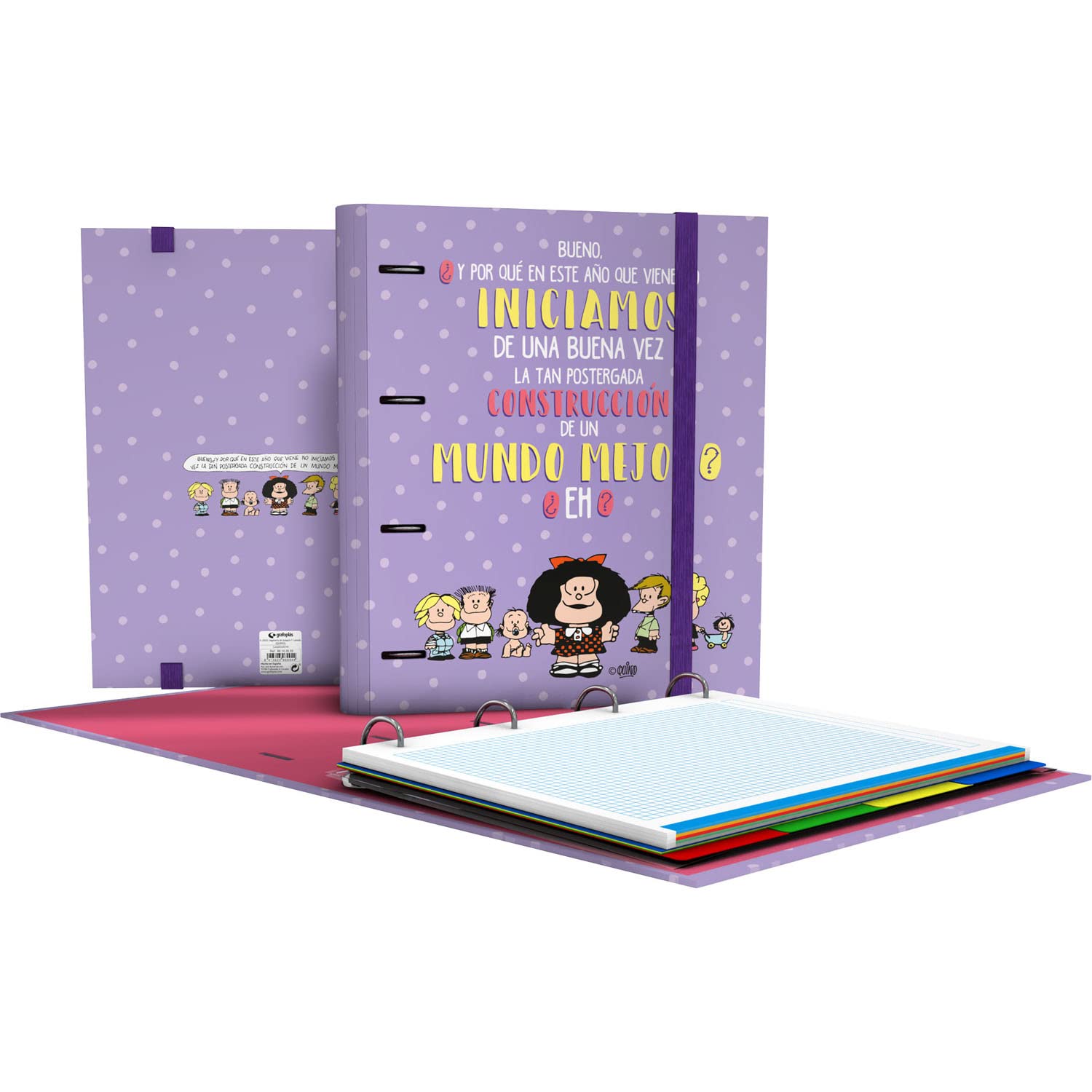 Grafoplás 88102659. Folder with Replacement, A4, 4 Rings, 100 5x5 Squared Sheets, Color Edge, Separators, Transparent Envelope, Curved Back, Carpebook, Mafalda Collection, Hope