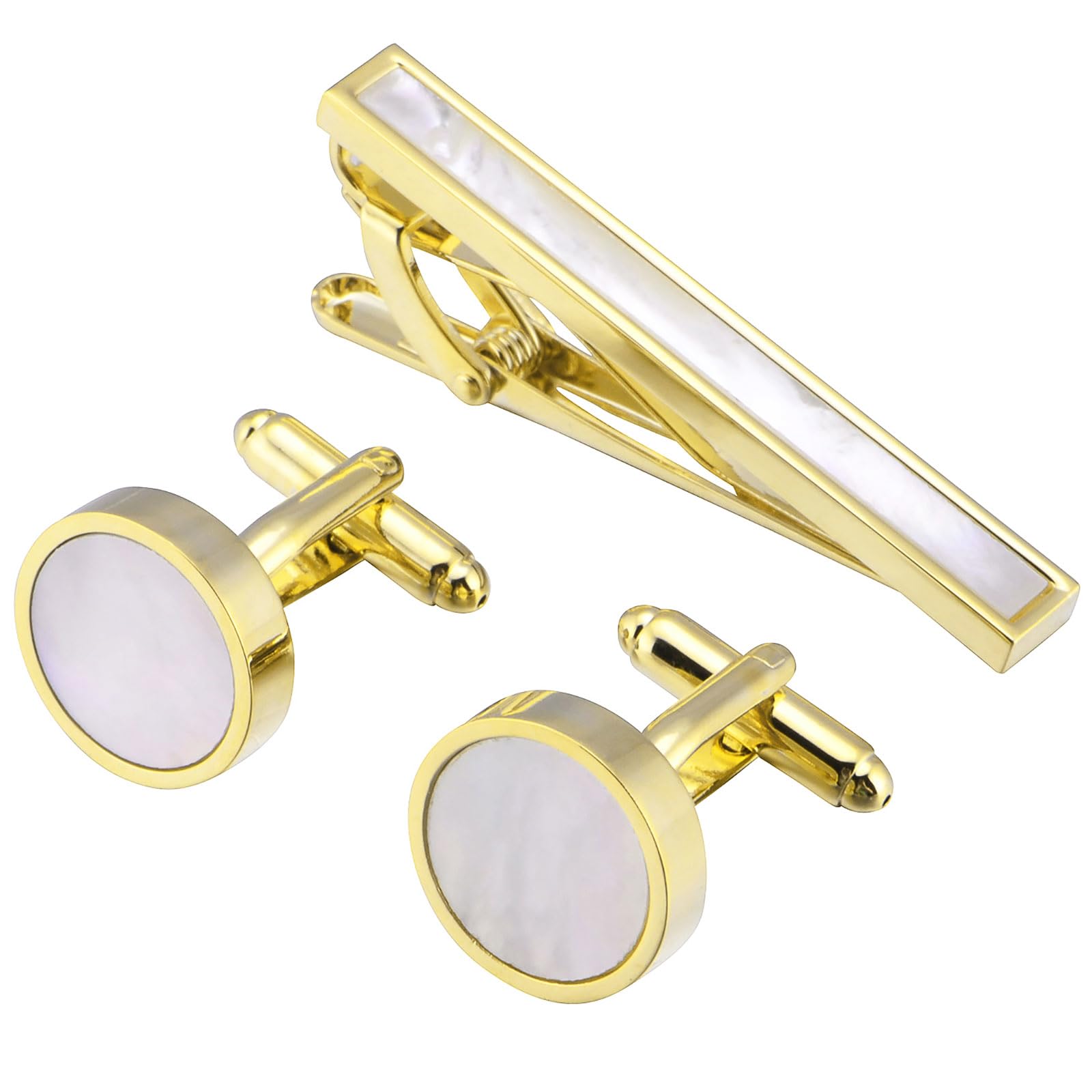 Jonwo Mother of Pearl Men Cufflinks and Tie Clip Set Regular Necktie Tie Bar Pin Cuff Links for Wedding Business Shirt Tie (14K Gold Plated Tie Clip and Cufflinks Set)