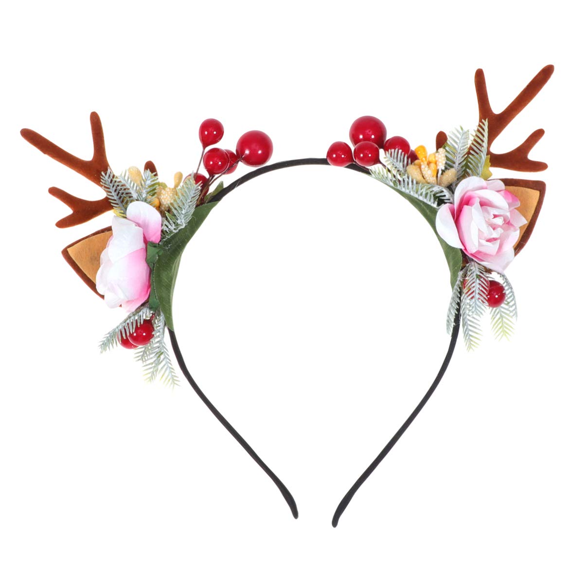 Minkissy Christmas Antler Headband Reindeer Ear Hair Hoop Christmas Floral Hairband Xmas Party Head Piece for Women Girls(Pattern 3)