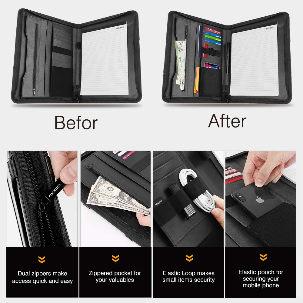 MoKo Leather Padfolio Portfolio Folder with Handle Black Professional