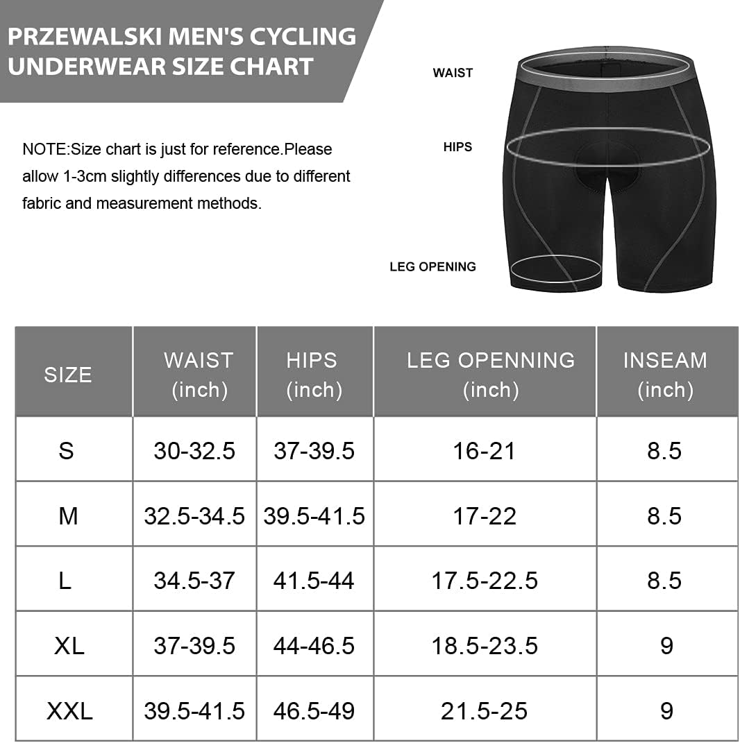 Przewalski Mens Cycling Underwear Shorts 3D Padded Bike Undershorts Bicycle MTB Liner Shorts with Non-Slip Leg Grip: Clothing