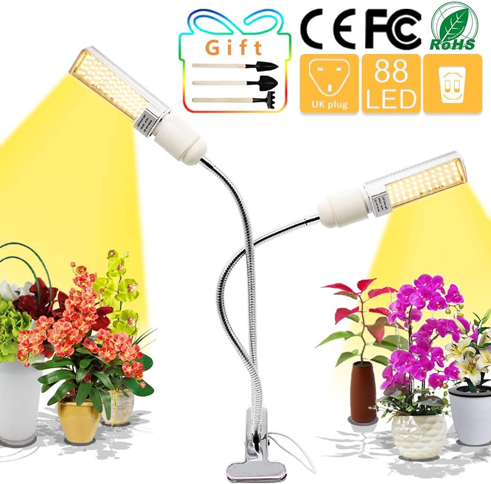 LED Grow Light for Indoor Sunlike Full Spectrum Grow Lamp 3 Timer 5 Dimmable Levels Modes Dual Head Gooseneck Plant Light with Replaceable Bulb Double Switch