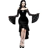 InGoticos Women Gothic Sexy Off Shoulder Flared Sleeves Lace Trim Patchwork Elegant Dress Without Choker