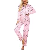 Ekouaer Women's Classic Button Down Long Satin Silk Pajama Set,X-Large,Pink Dots