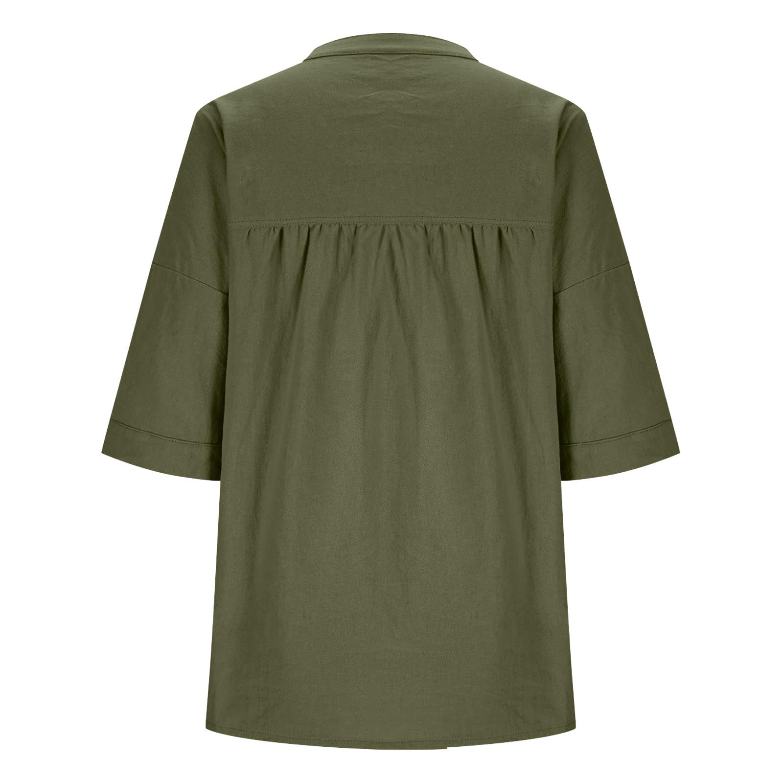 Linen Button Down Shirts for Women UK 3/4 Sleeve Tunic Tops Round Neck Gauze Blouse Casual Loose Fit Top Breathable Lightweight Linen Tops for Beach Vacation Work Office Wear Navy