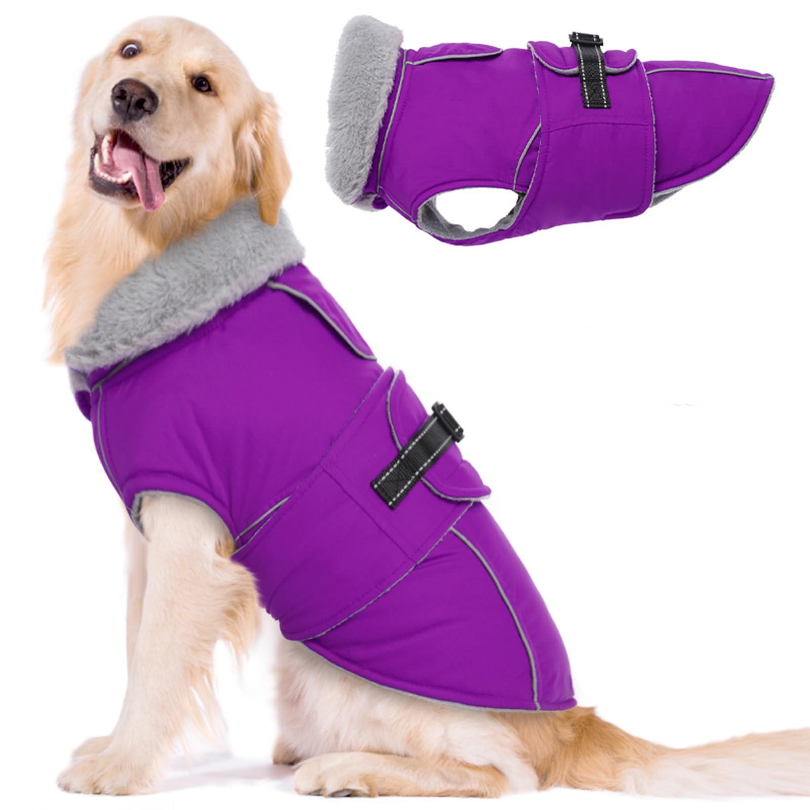 Lelepet Warm Coats and Jackets for Dogs, Waterproof Winter Dog Coat for Cold Weather, Reflective Dog Puffer Jacket, Fleece Lining Pet Coat with Harness Hole for Extra Large Dogs, Purple 3XL