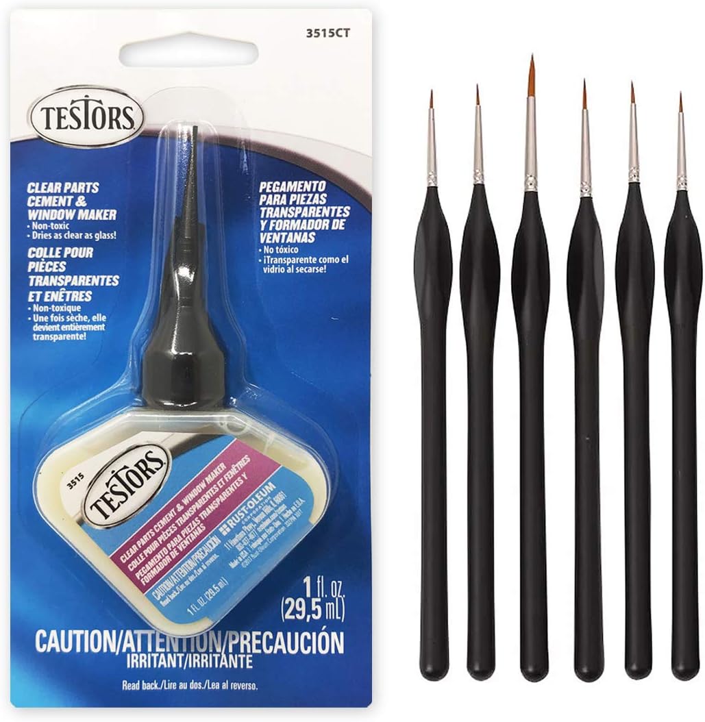 Testors Clear Parts Cement 1Ounce, Pixiss 6 Fine Detail Miniatures Paint Brushes